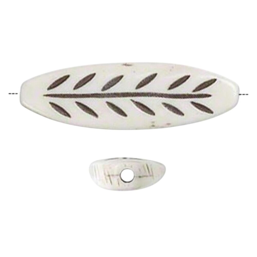 India Tribal Carved Leaf Marquise Cream Black Yak Bone 40mm Pendant Bead